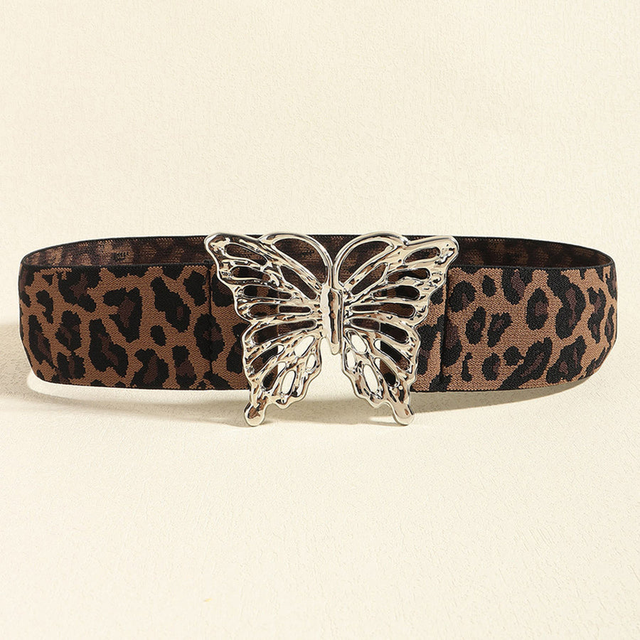 Leopard print elastic belt with silver butterfly buckle