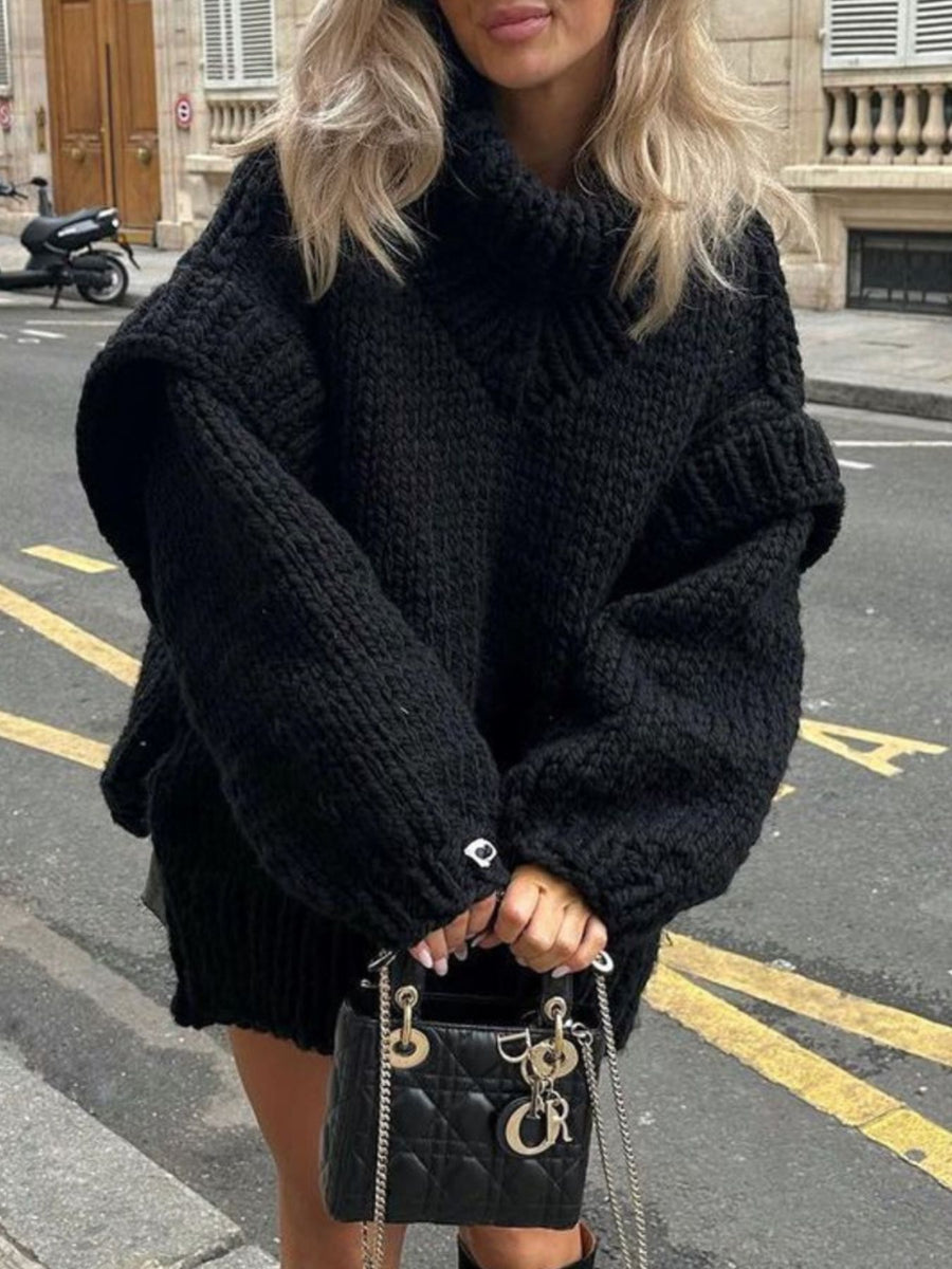 Black turtleneck sweater with tunic-length and pullover