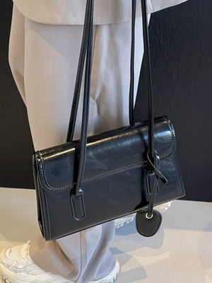 Small PU Leather Shoulder Bag in black with flap closure