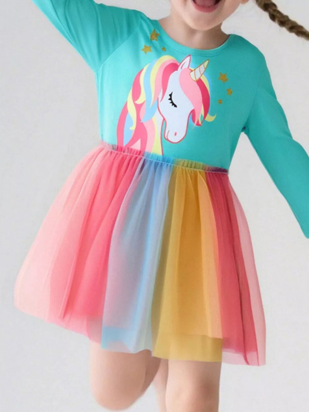 Girls teal long sleeve unicorn graphic dress with rainbow tulle skirt.