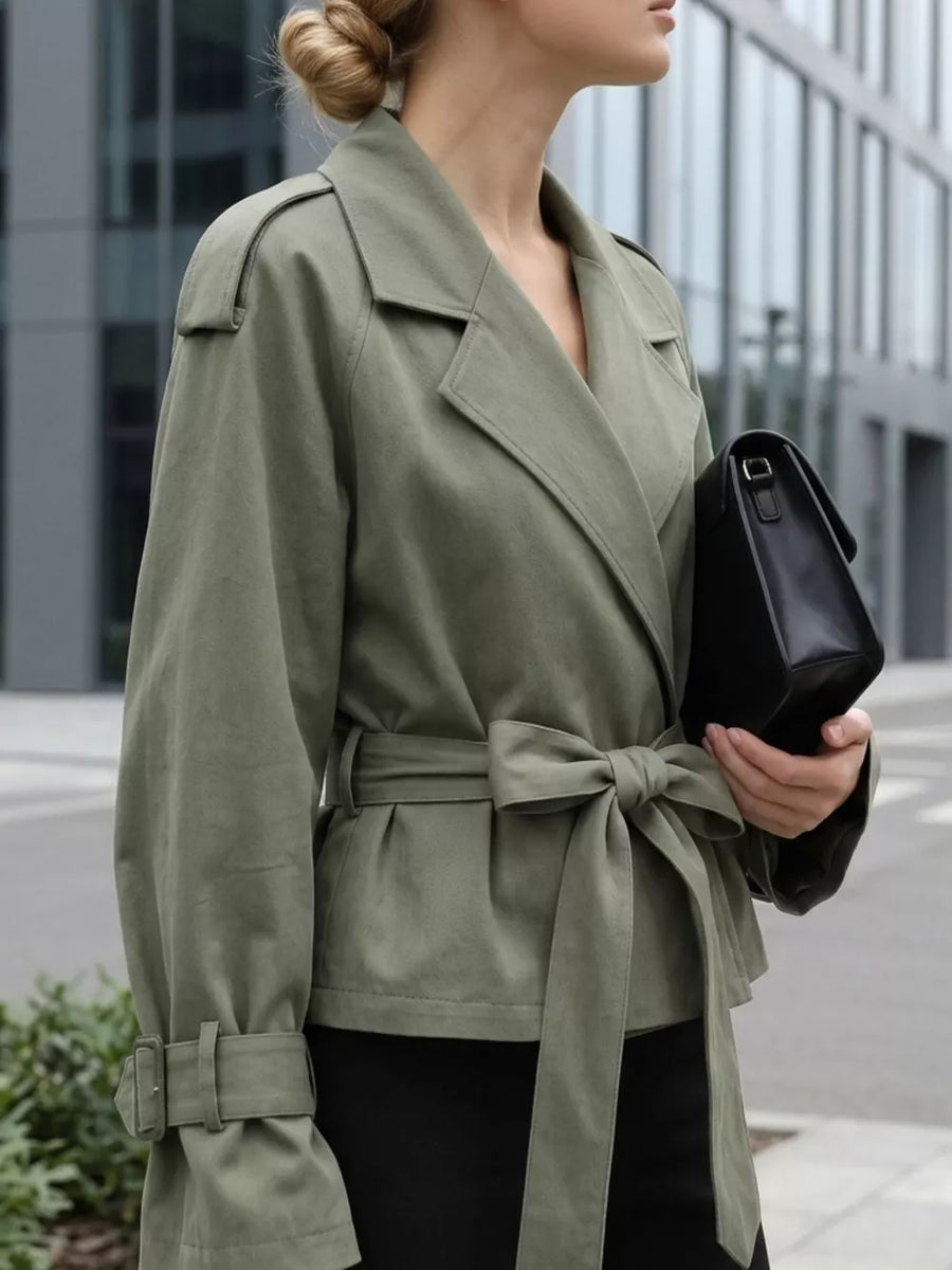 Moss with Lapel Collar Belted Cropped Trench in Moss
