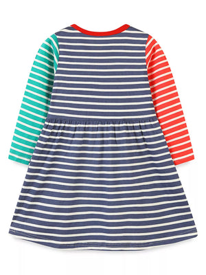 Baby girls' striped cotton dress with applique design, multicolor sleeves, and red neckline.