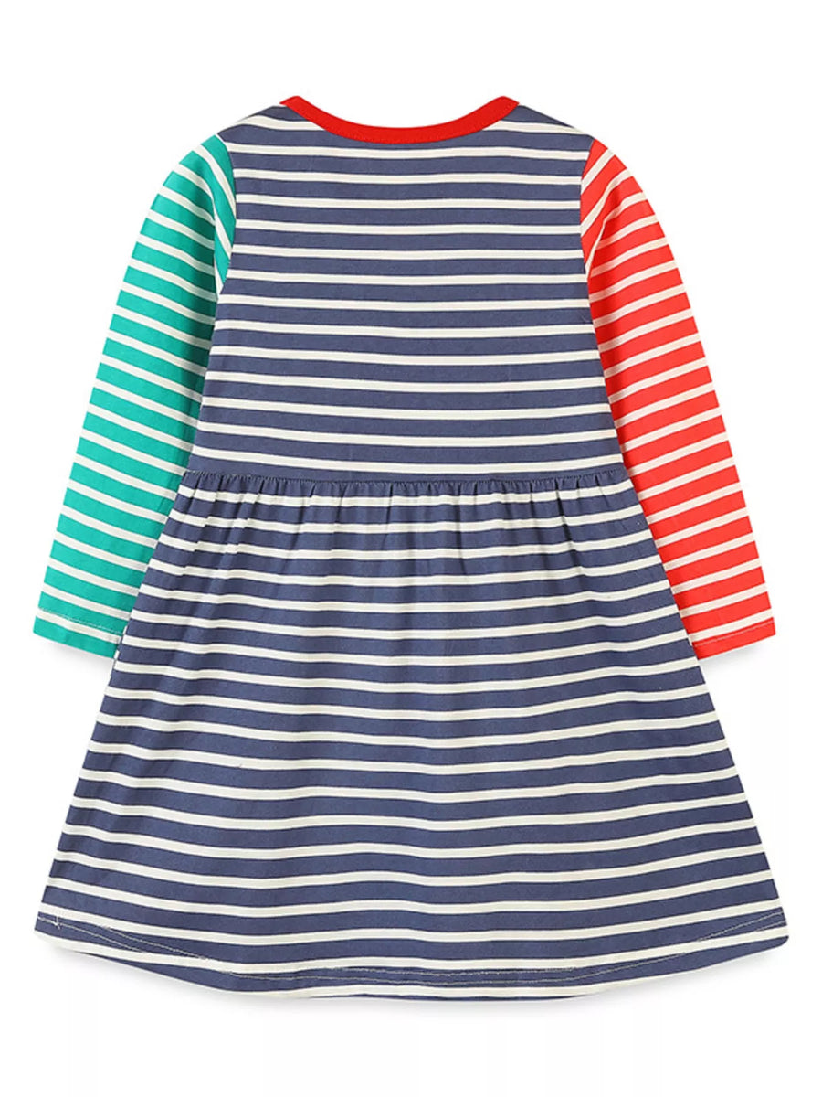Baby girls' striped cotton dress with applique design, multicolor sleeves, and red neckline.