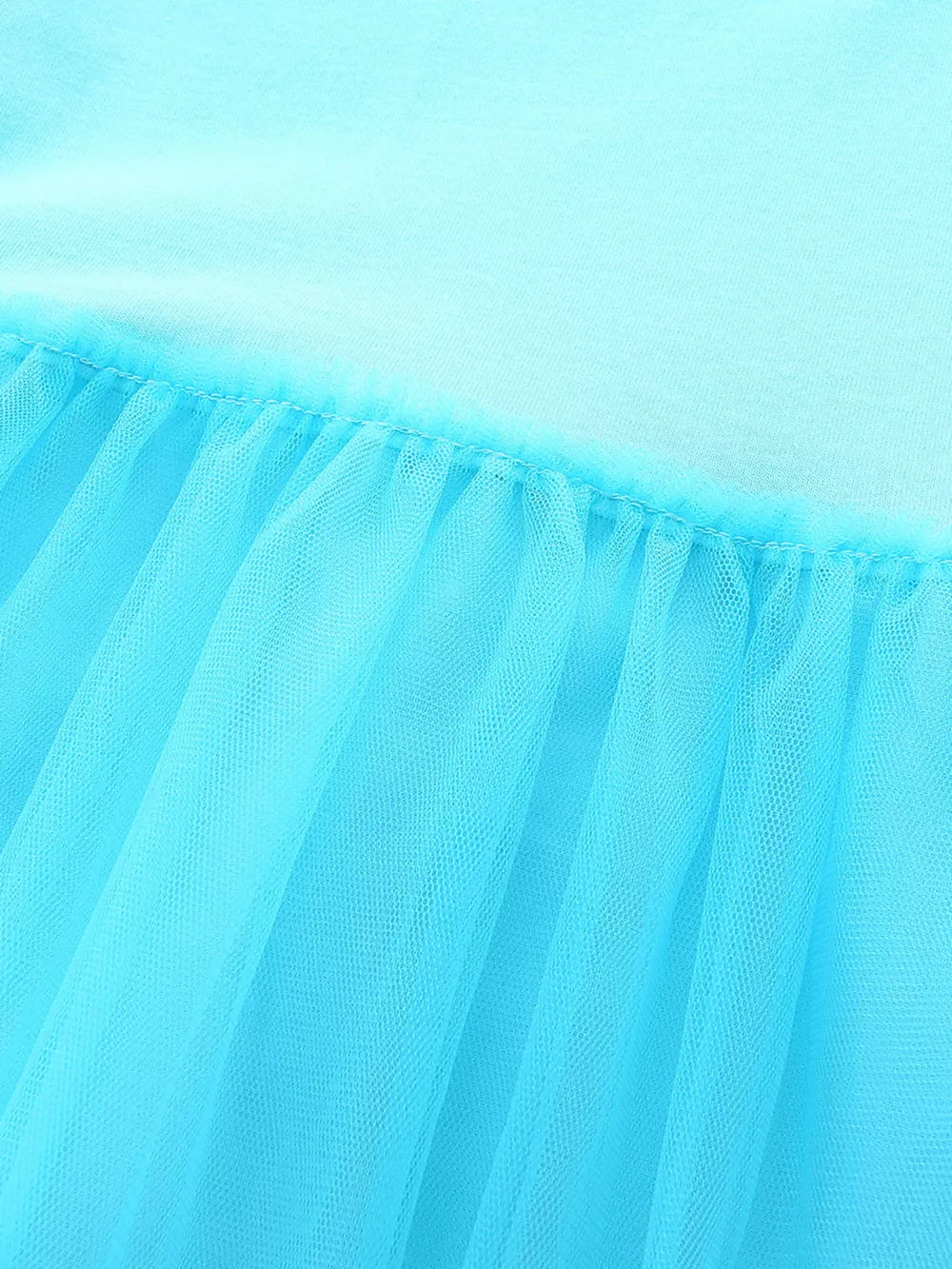Baby blue tulle dress with gathered hem detail.