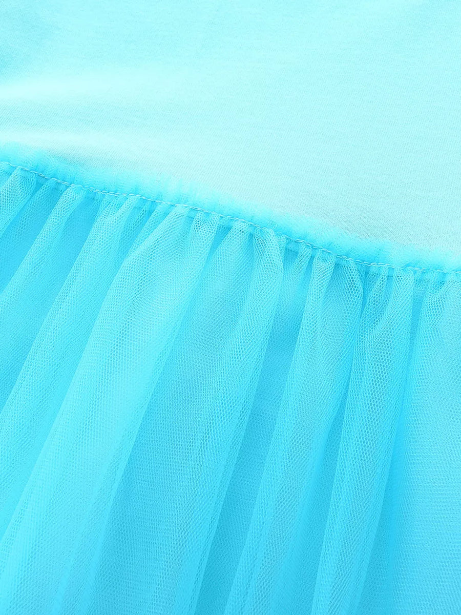 Baby blue tulle dress with gathered hem detail.