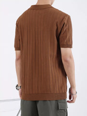 Brown ribbed knit polo shirt for men, short sleeves, casual style