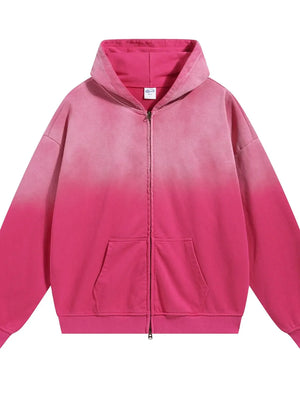Oversized zip-up hoodie with vintage wash ombre pink and a front pocket.