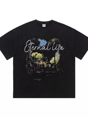 Black cotton graphic tee with "Eternal Life" text and vintage street scene graphic.