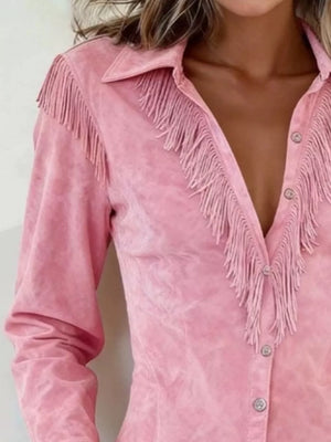 Brown button-up shirt with buttoned and long sleeve