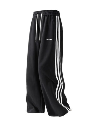 Black men's sweatpants with white side stripes and drawstring waist