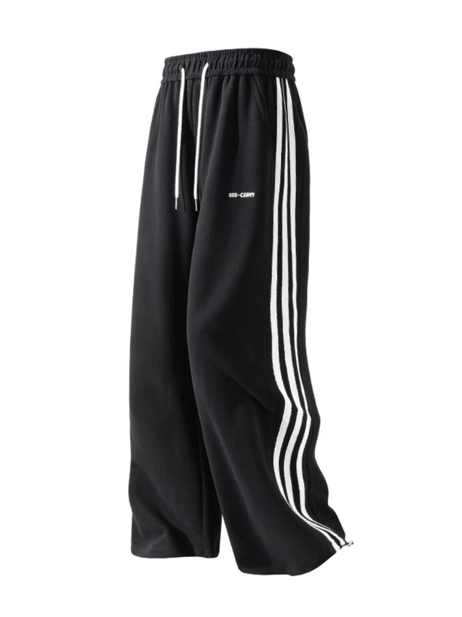 Black men's sweatpants with white side stripes and drawstring waist