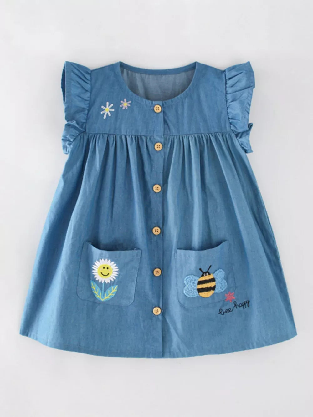 Blue denim dress with flutter sleeves, button front, and embroidered flower and bee details.