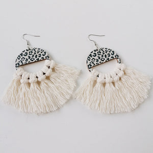 Leopard print half-moon earrings with ivory macrame fringe tassels