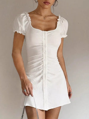 White with Ruched Button-front Puff Sleeve Mini Dress