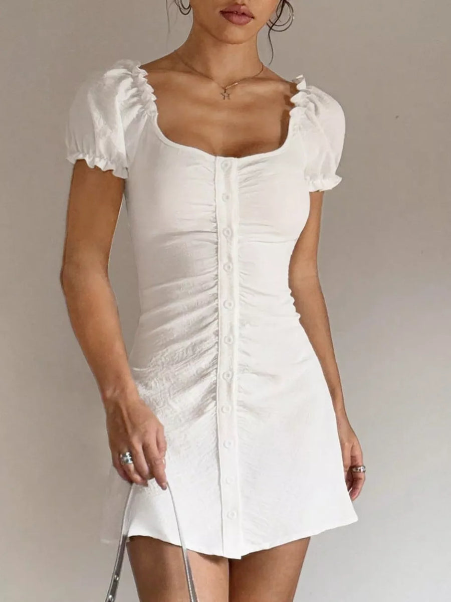 White with Ruched Button-front Puff Sleeve Mini Dress