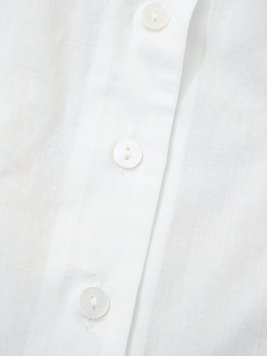 White cotton eyelet embroidered sheer button-down shirt with pearl buttons