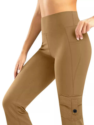 Khaki pocketed high-waisted yoga pants with flared silhouette and cargo pocket detail.
