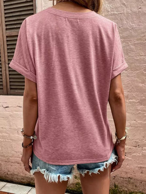 Khaki Full Size Notched T-shirt With Rolled Sleeves