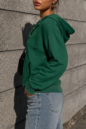 forest green pullover hoodie with hip-length and snap