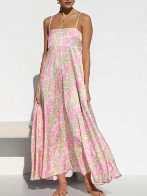 Artistic Spaghetti Strap Maxi Dress in Floral pink and green pattern with square neckline and tiered hem.