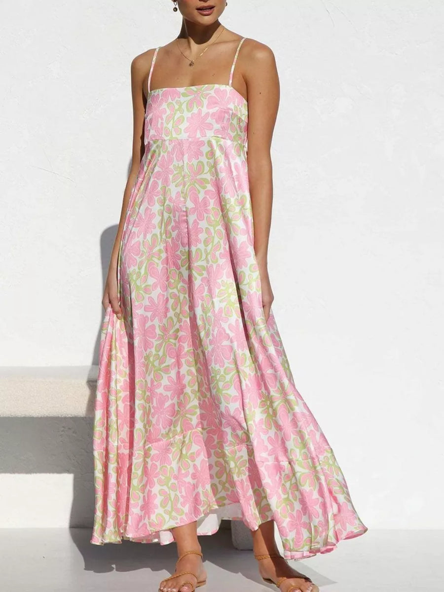 Artistic Spaghetti Strap Maxi Dress in Floral pink and green pattern with square neckline and tiered hem.