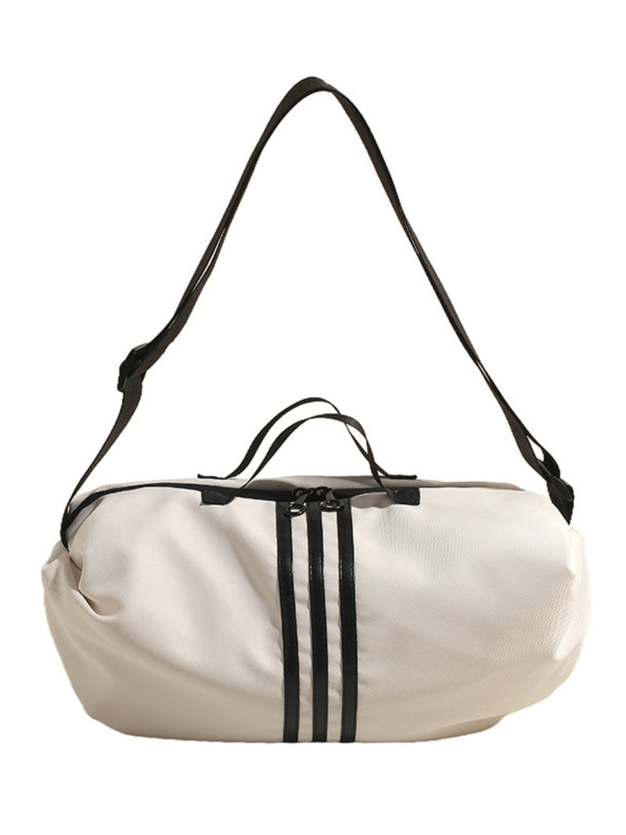 Medium Oxford cloth crossbody bag in off-white with black stripes and strap