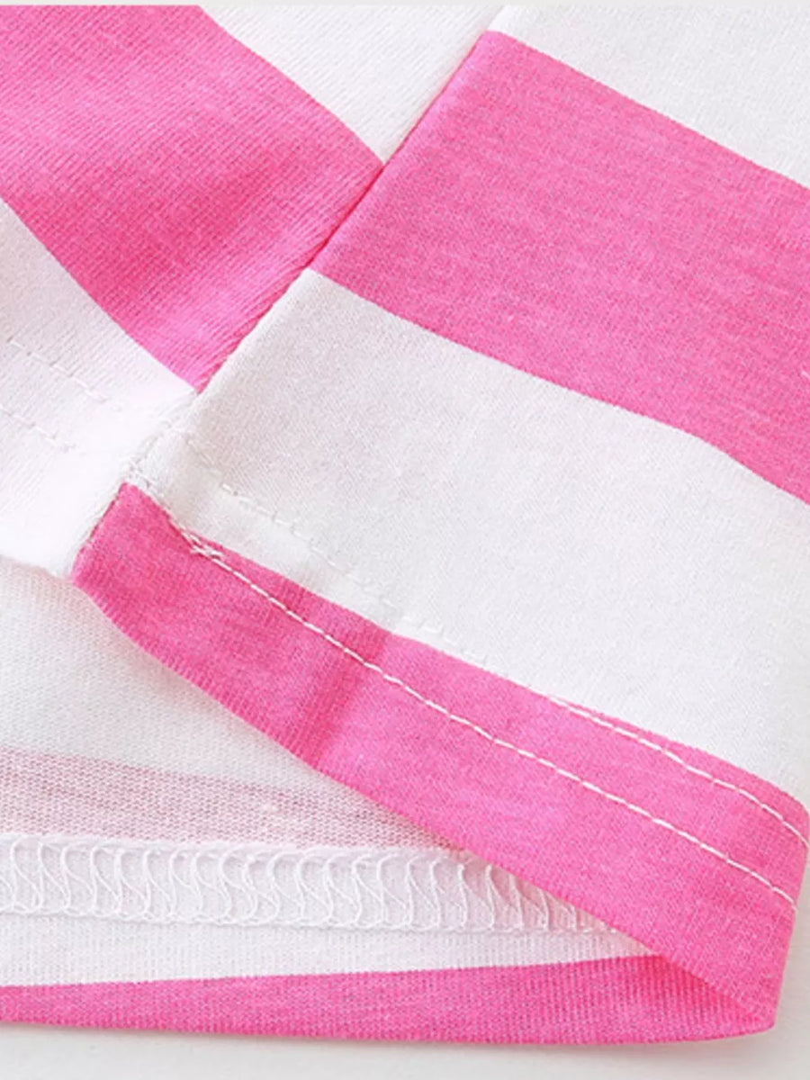Toddler cotton dress with pink and white stripes and detailed stitching.