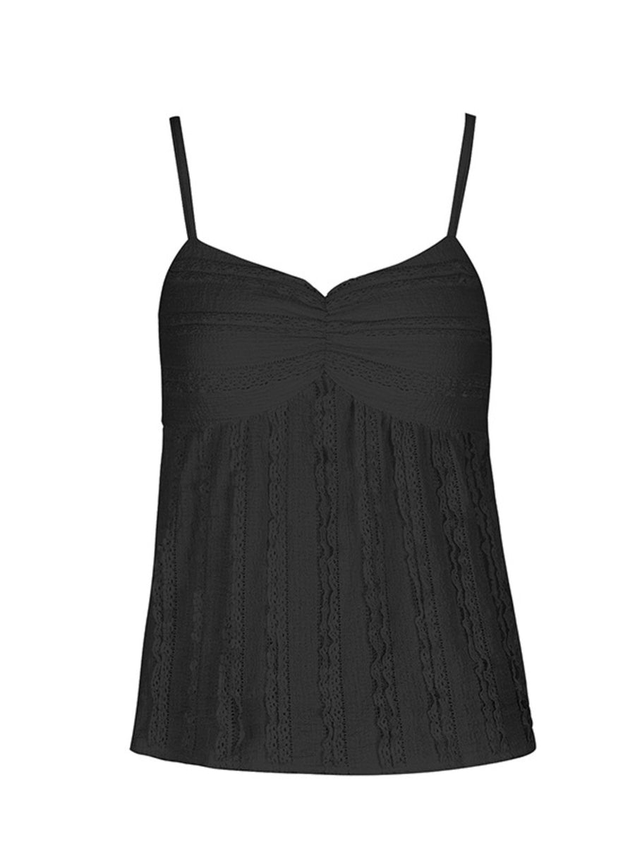 Black cami top with sweetheart neckline, ruched bust, and textured lace trim.