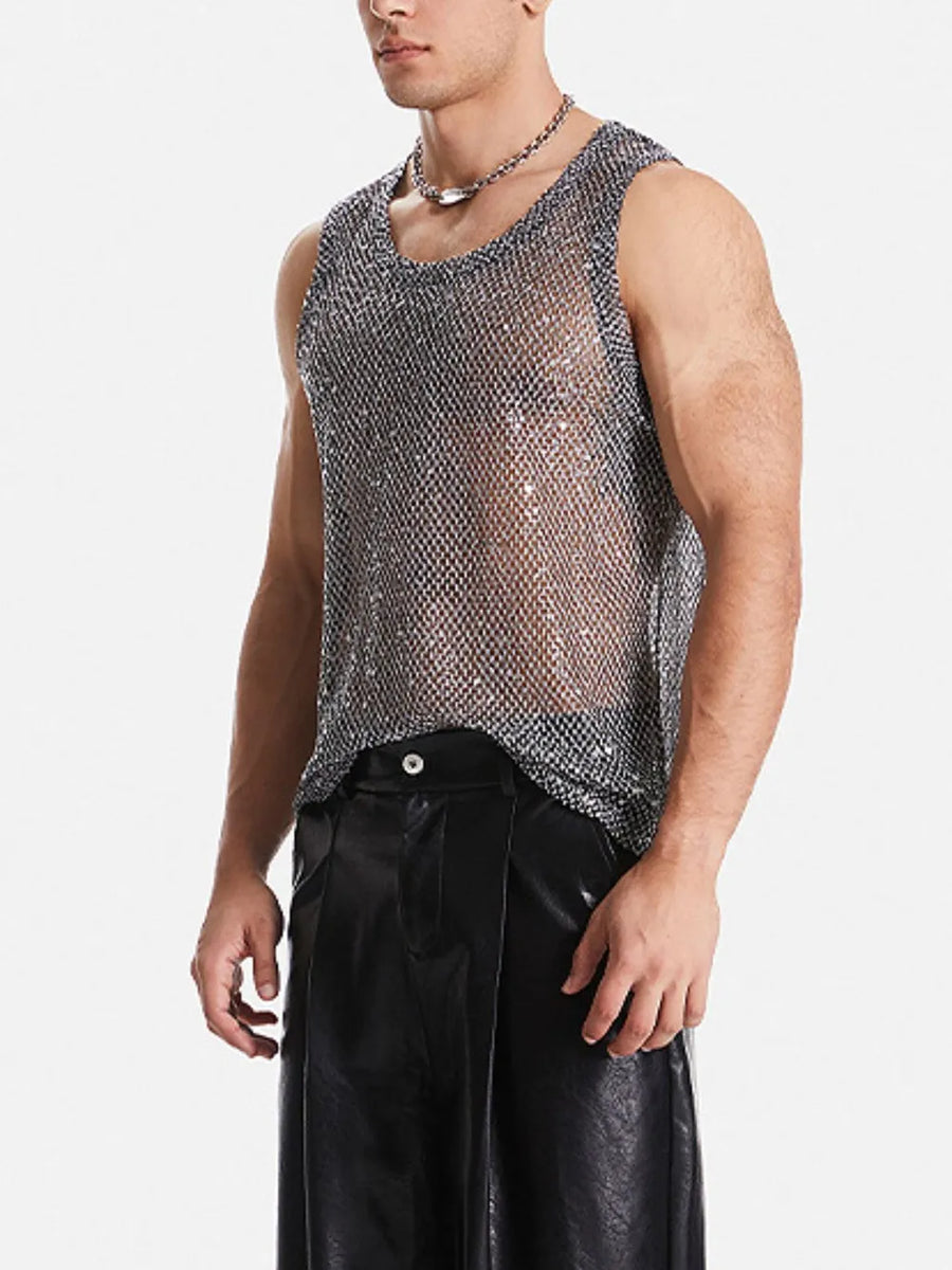 Silver metallic mesh tank top with a round neckline and sleeveless design.