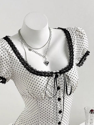 Pink Purple Polka Dot Lace Trim Puff Sleeve Top
