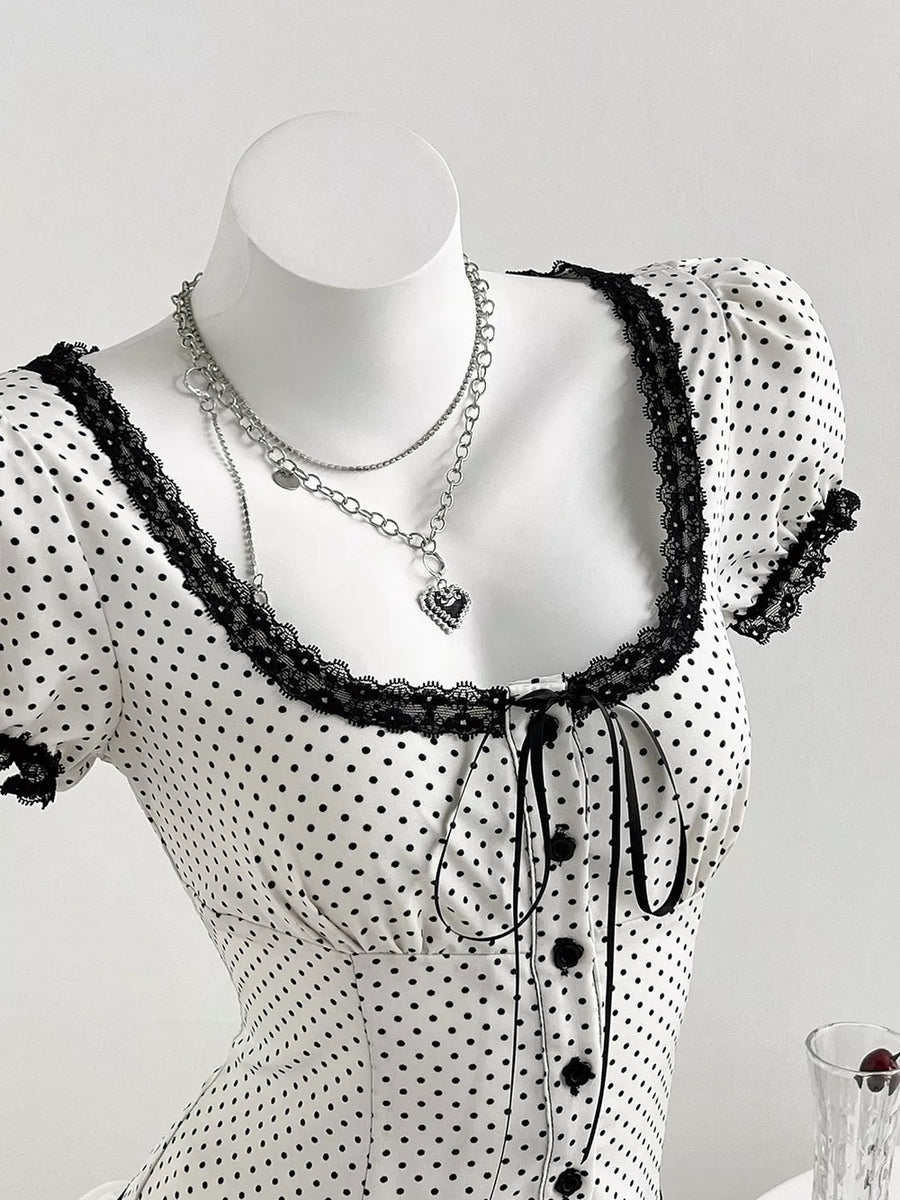 Pink Purple Polka Dot Lace Trim Puff Sleeve Top