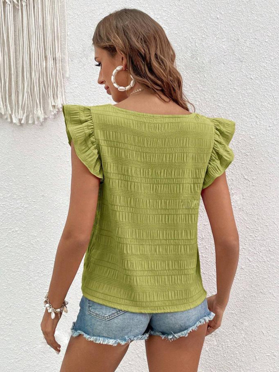 Textured ruffle sleeve square neck blouse in Yellow-Green.