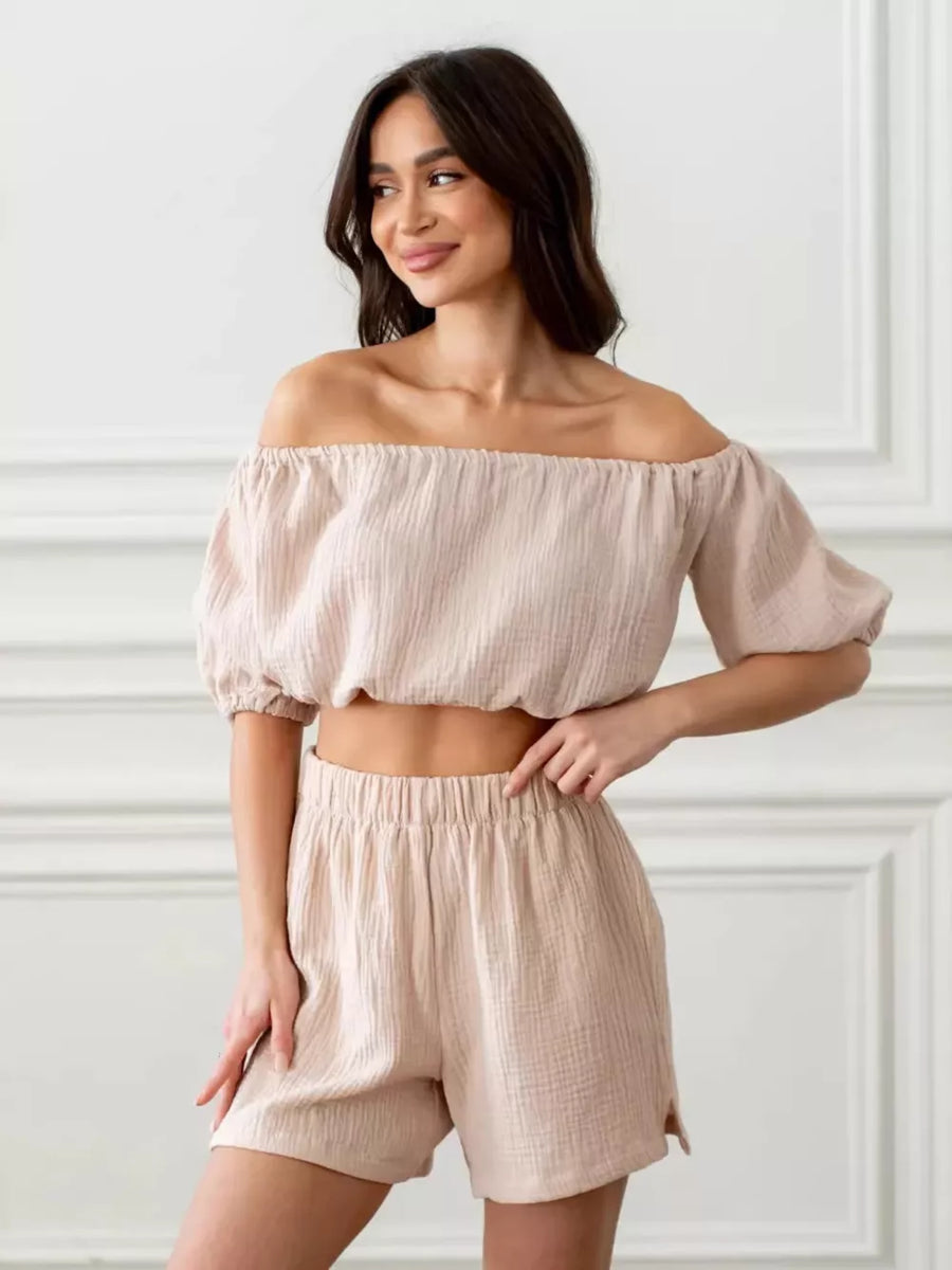 Khaki cotton off-shoulder cropped top and shorts set with elastic waist shorts.