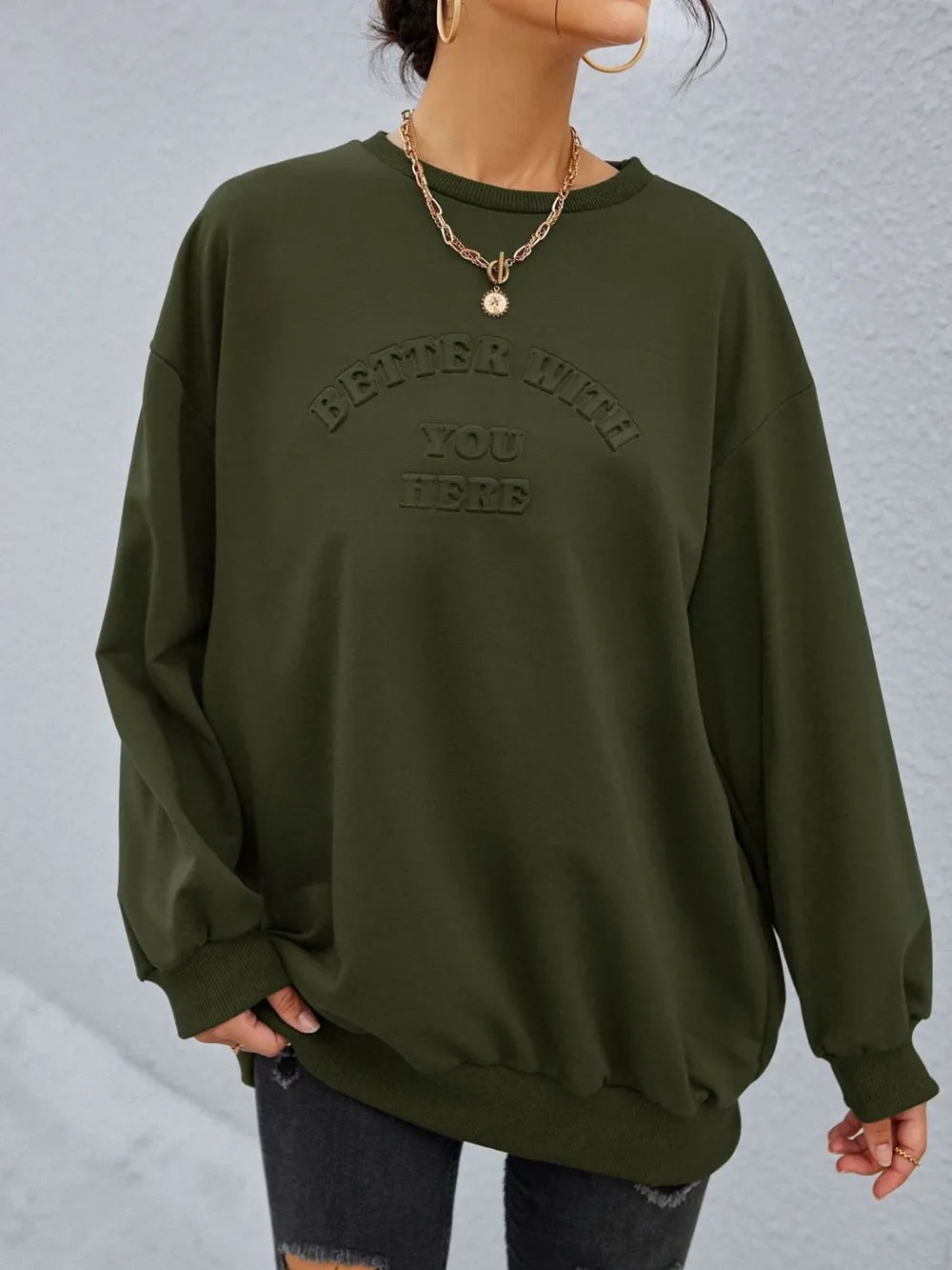 Embossed sentiment oversized sweatshirt in Black Forest, crewneck, long sleeve, casual fit