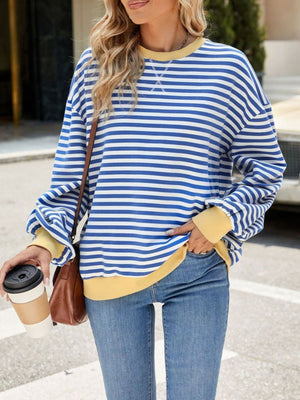 Striped crew neck sweatshirt in royal blue and white with yellow trim and cuffs.