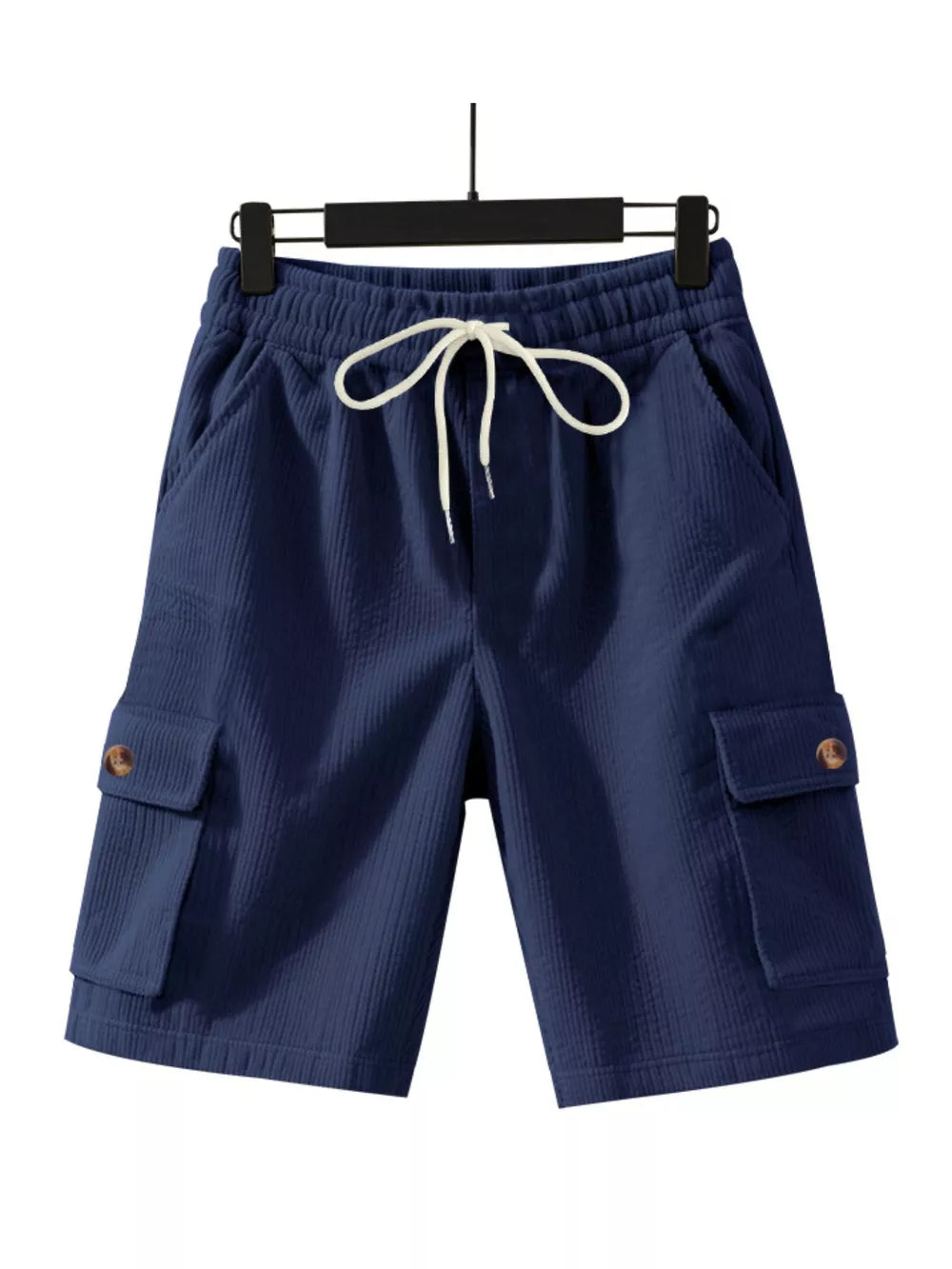 Navy blue textured drawstring cargo shorts with button-flap pockets.