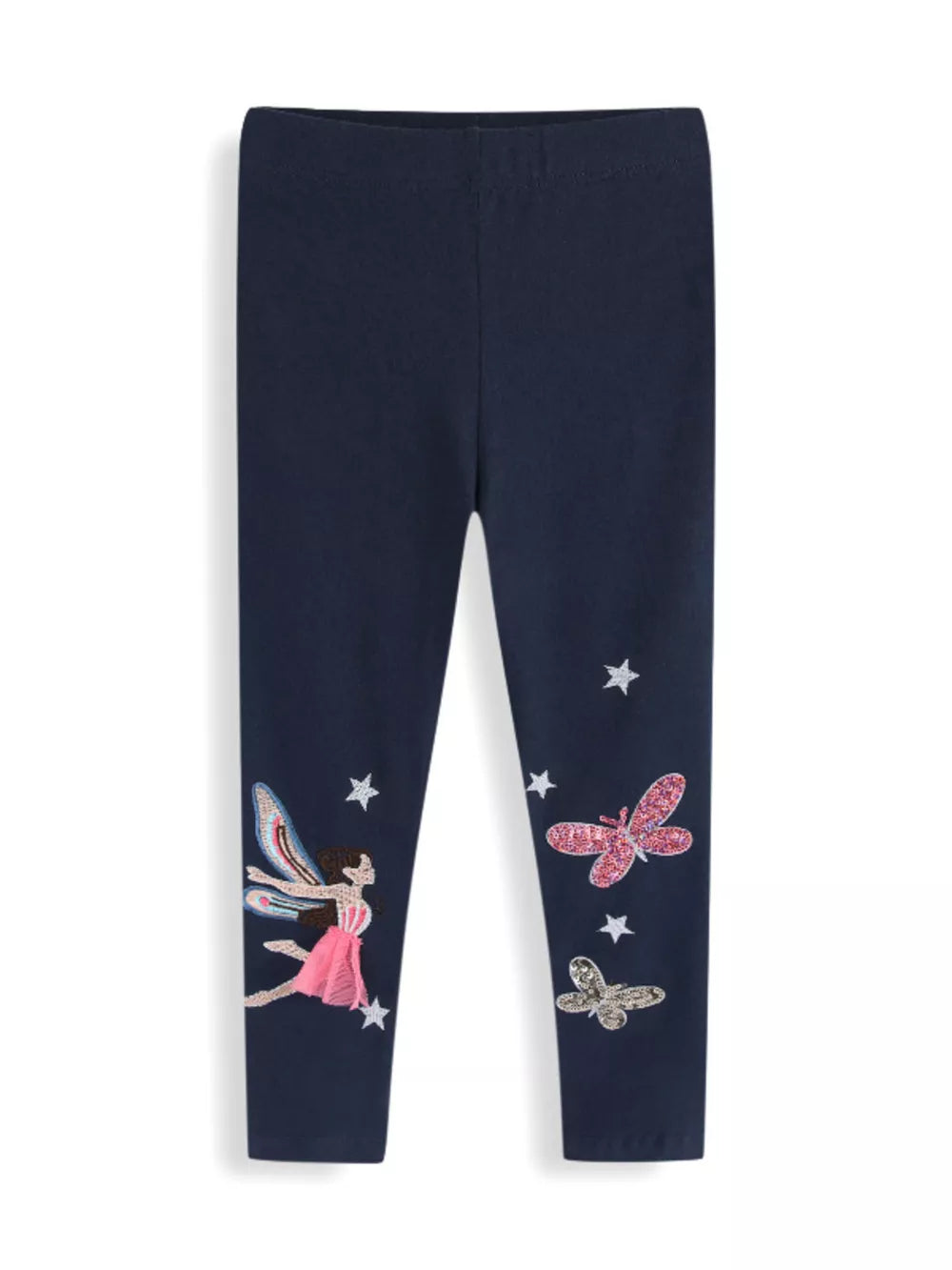 Navy cotton leggings with fairy and butterfly appliques and star details.
