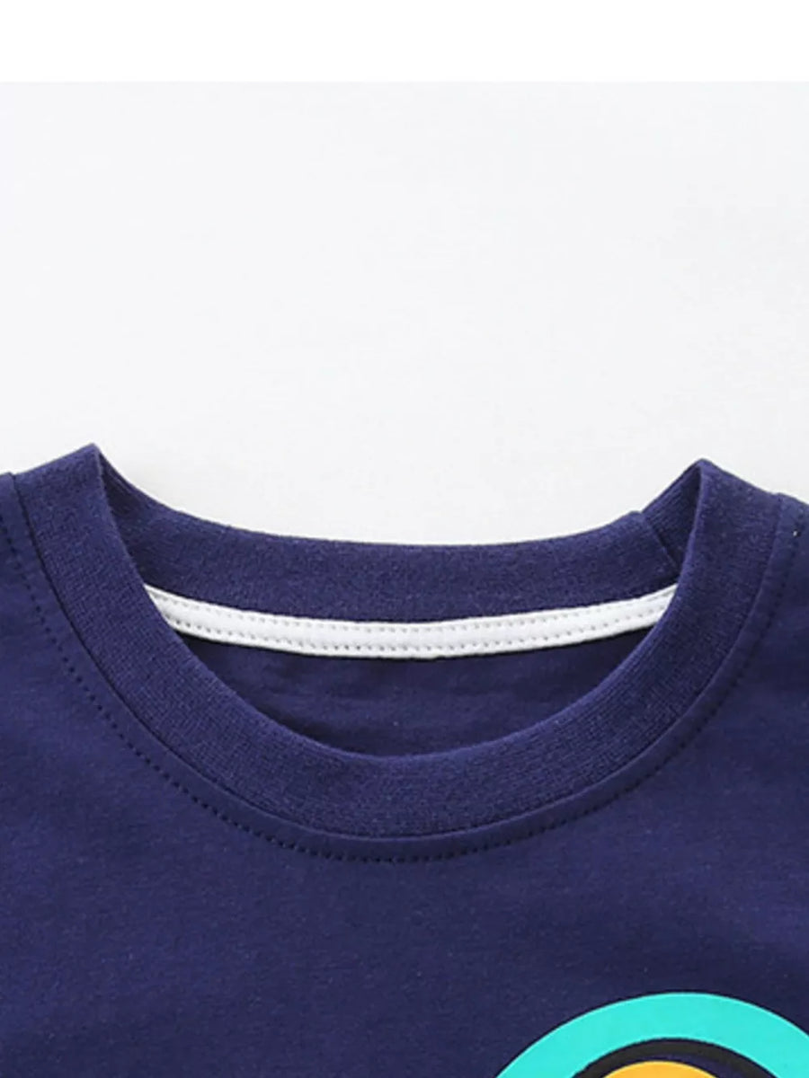 Navy cotton t-shirt with graphic detail and white trim neckline