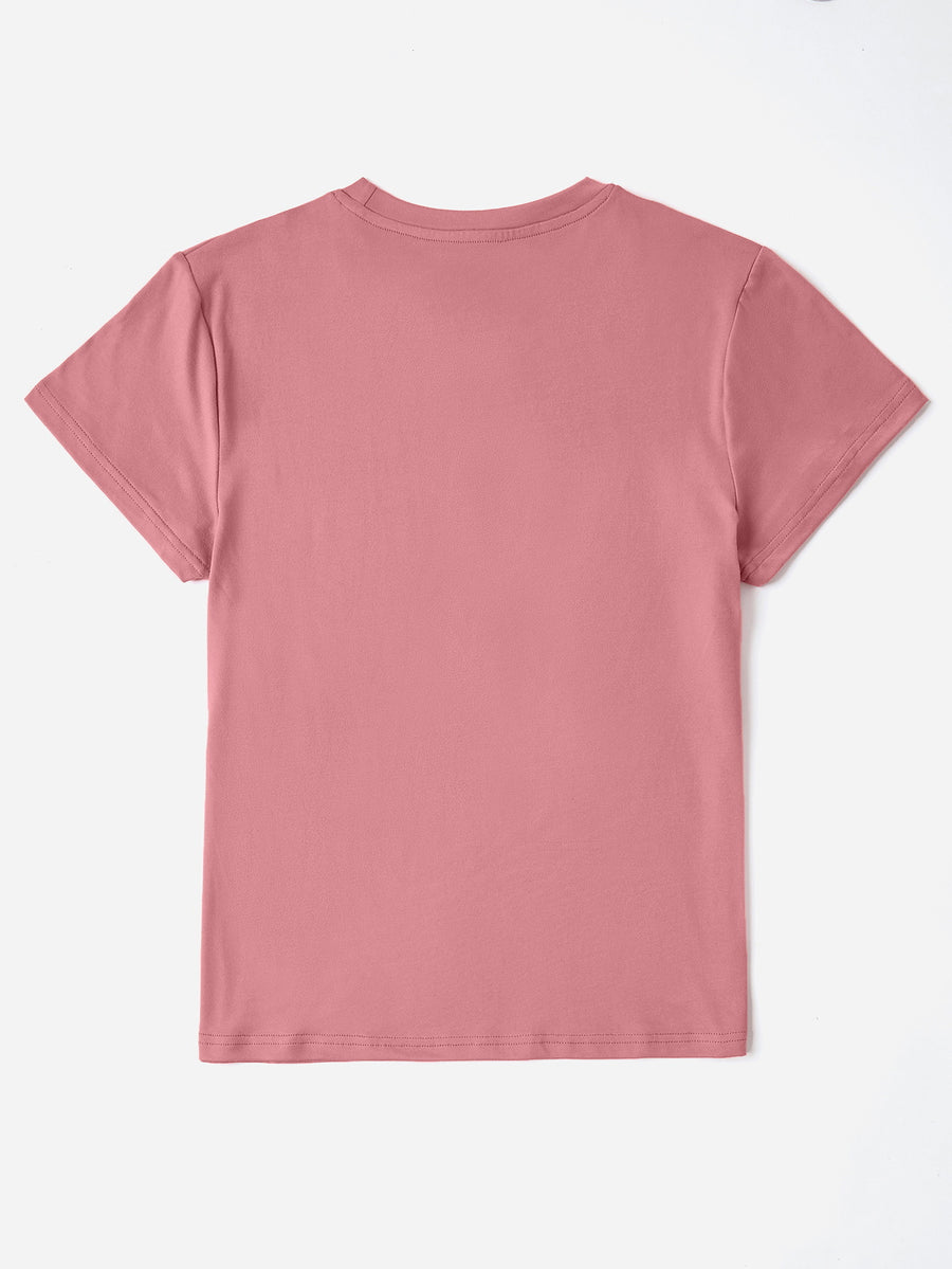 Dusty pink polyester t-shirt with crew neck and short sleeves.