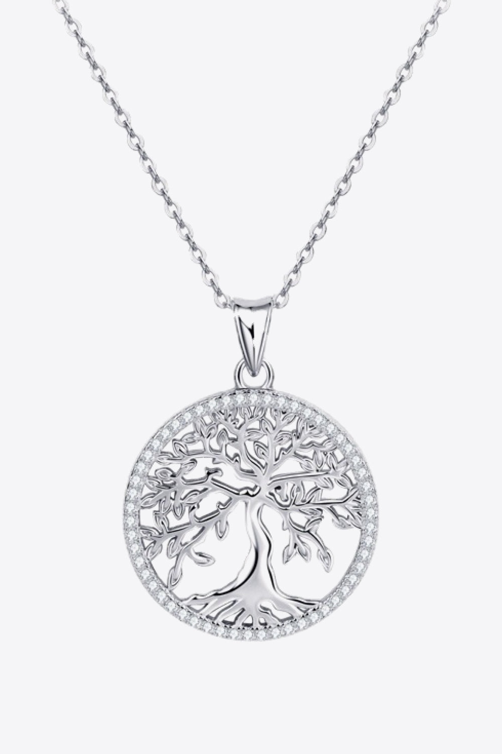 Sterling silver Tree of Life necklace with a diamond-accented border.