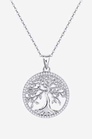 Sterling silver Tree of Life necklace with a diamond-accented border.