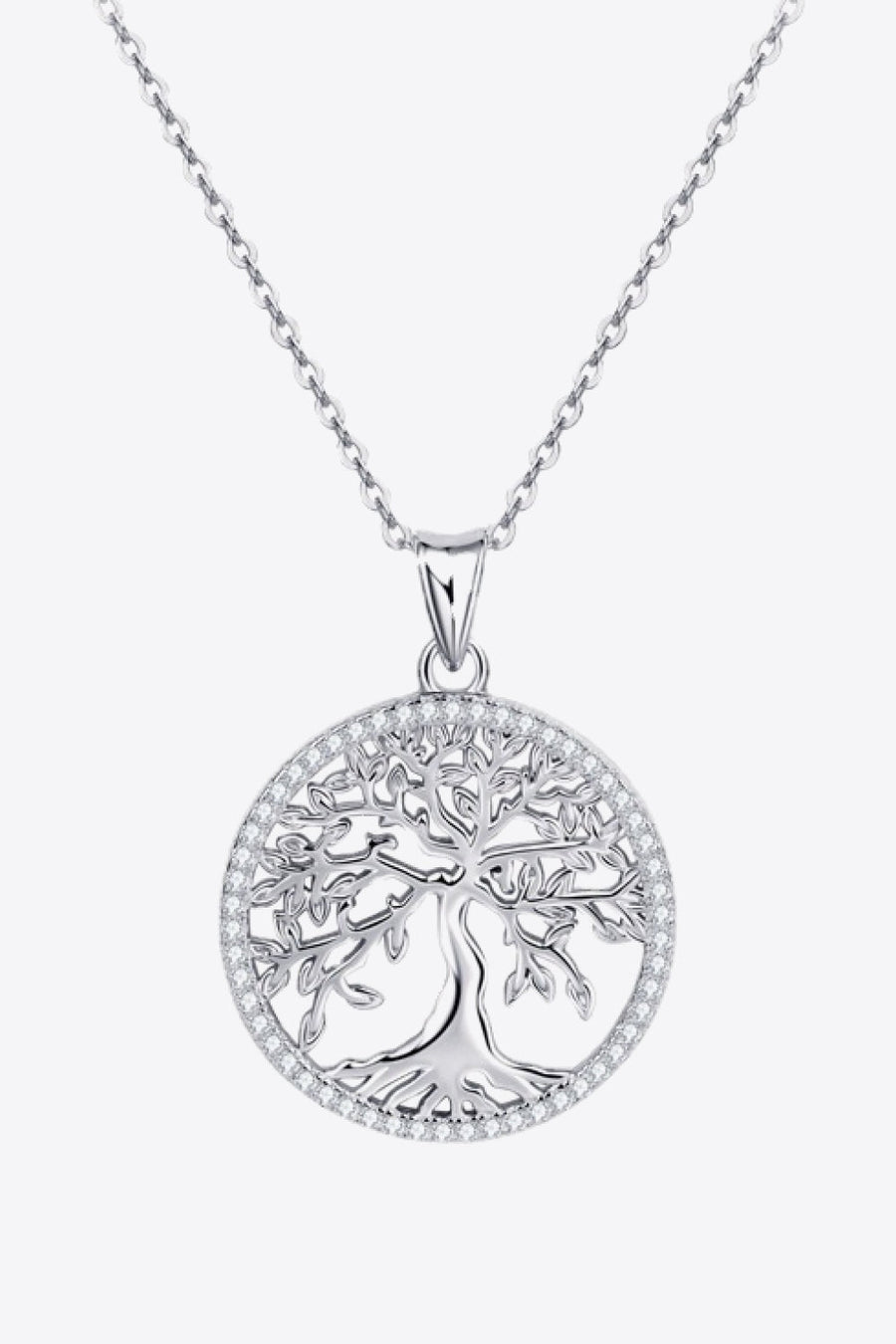 Sterling silver Tree of Life necklace with a diamond-accented border.