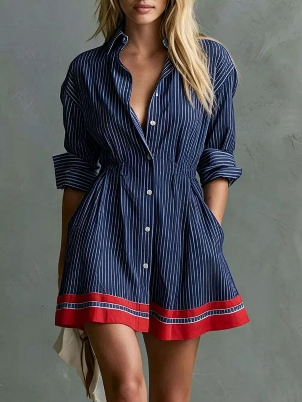 navy blue shirt dress with striped and collared