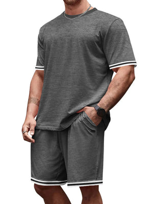 Men's grey t-shirt and shorts set with white striped trim on sleeves and shorts hem