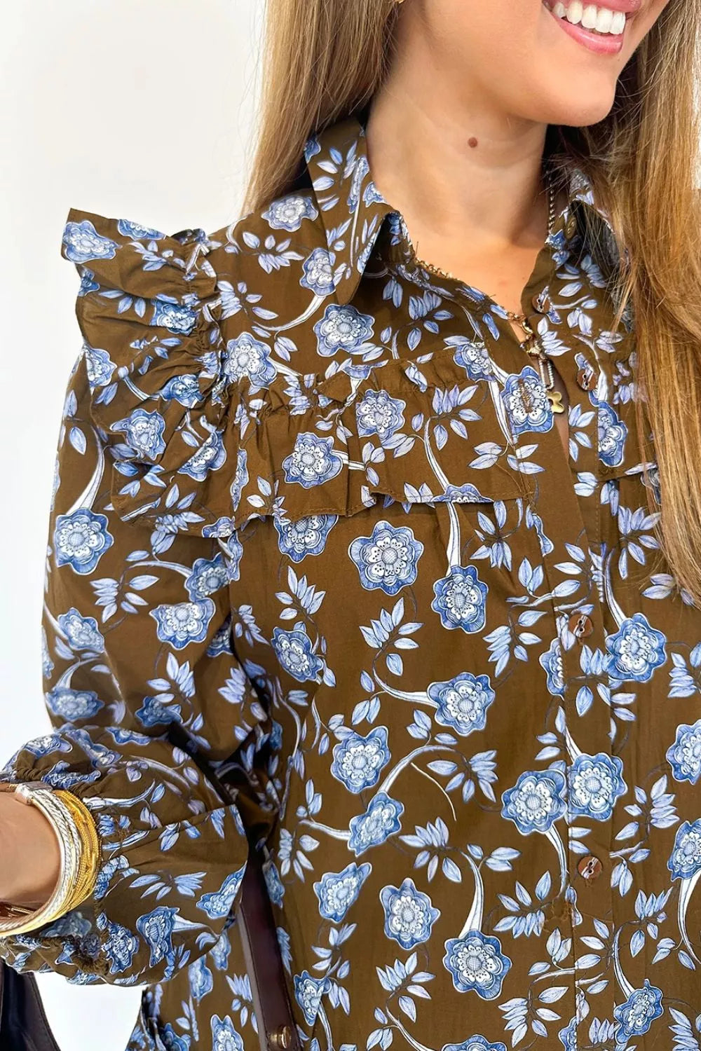 shirt dress in Dark Brown with floral and ruffled