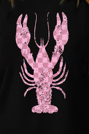 Black t-shirt with distressed pink checkered lobster graphic.