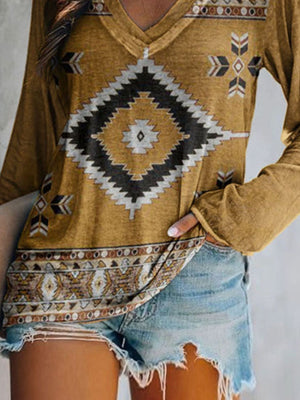 Yellow geometric print V-neck long sleeve t-shirt with bohemian pattern