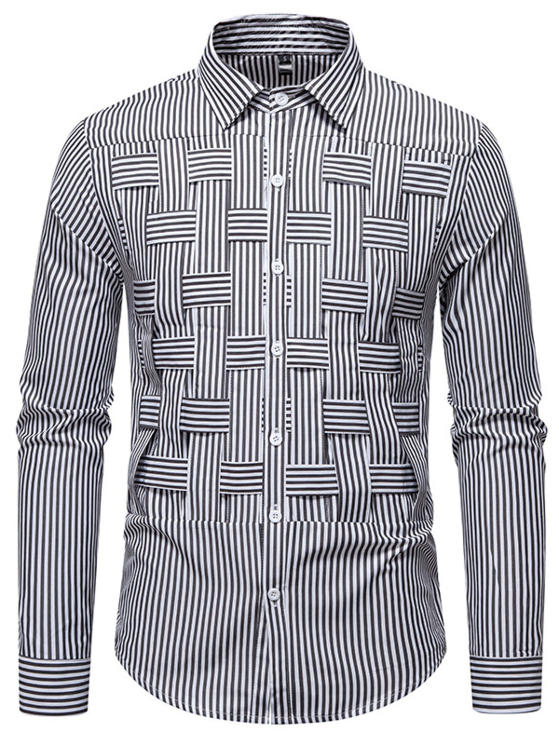 Classic woven stripe long sleeve button-down shirt in black with a unique woven stripe pattern detail.