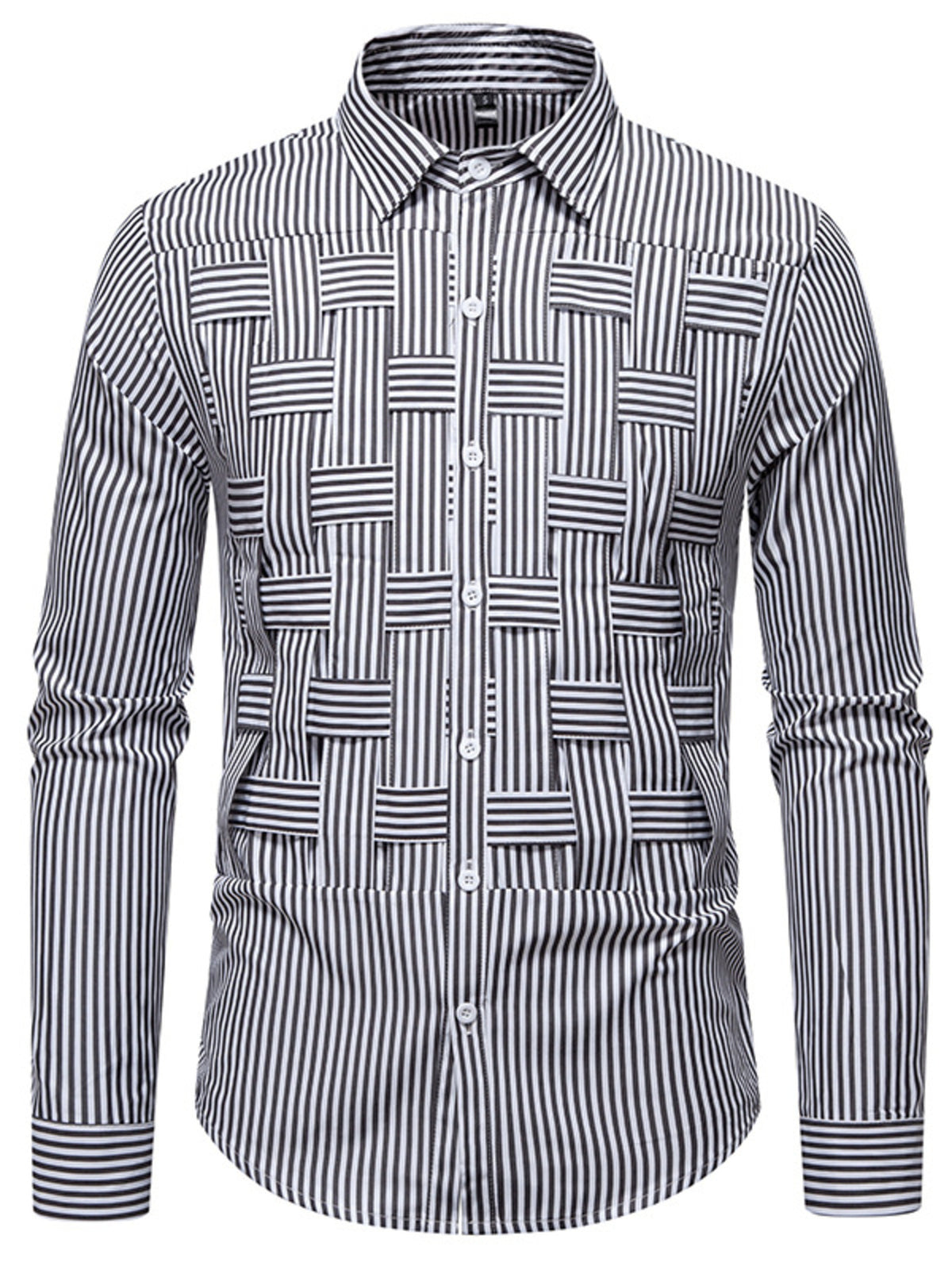Classic woven stripe long sleeve button-down shirt in black with a unique woven stripe pattern detail.