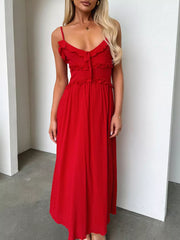 Red ruffled midi dress with spaghetti straps and tie-front detail